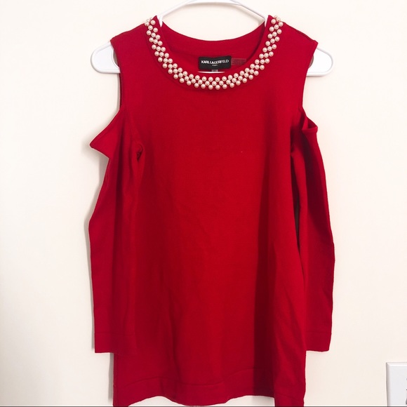 Karl Lagerfeld PEARL NECK COLD SHOULDER TOP - Picture 2 of 6